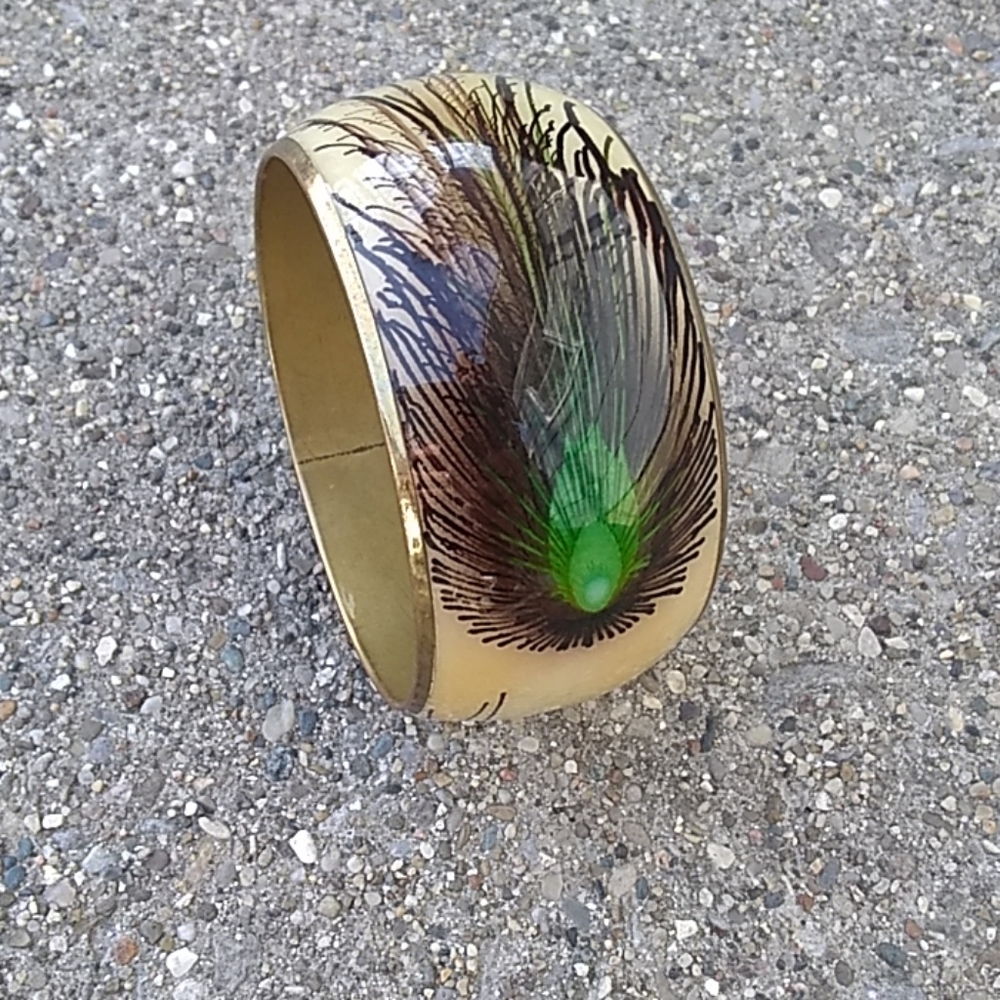Peacock feather wide bangle bracelet jewelry